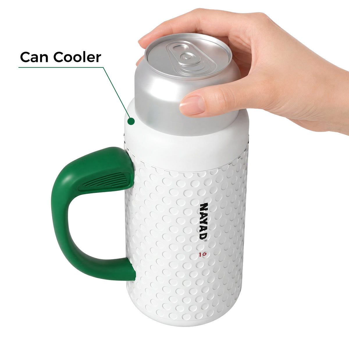 White golf mug with green handle holding a can cooler, branded 'Nayad'.