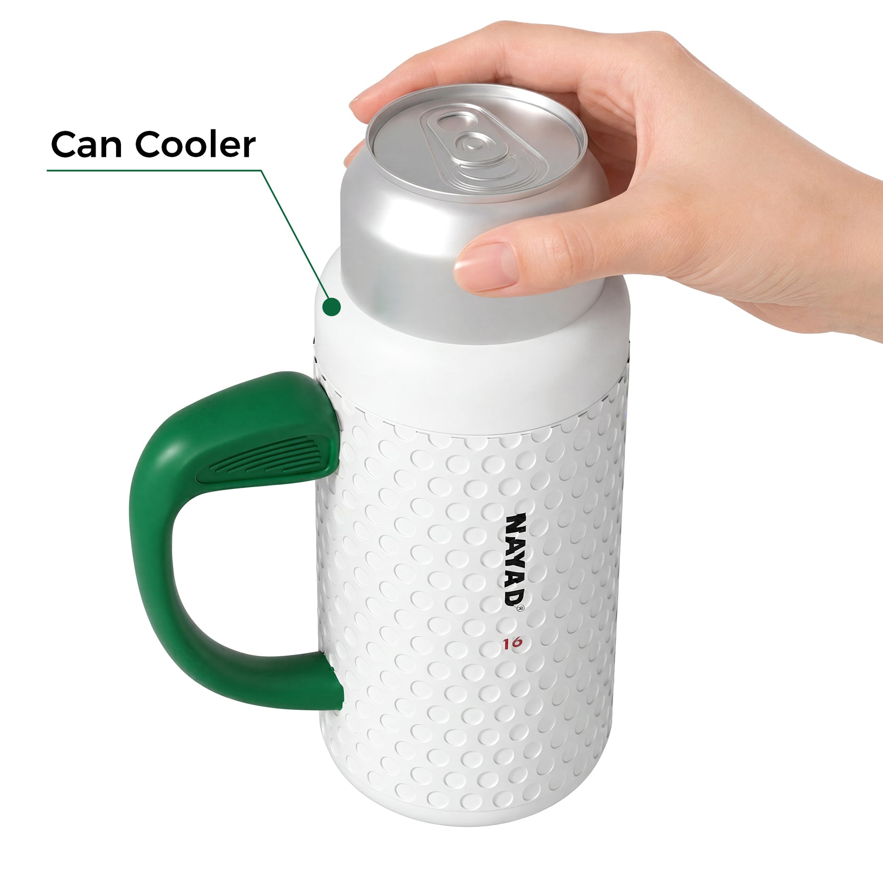 White golf mug with green handle holding a can cooler, branded 'Nayad'.