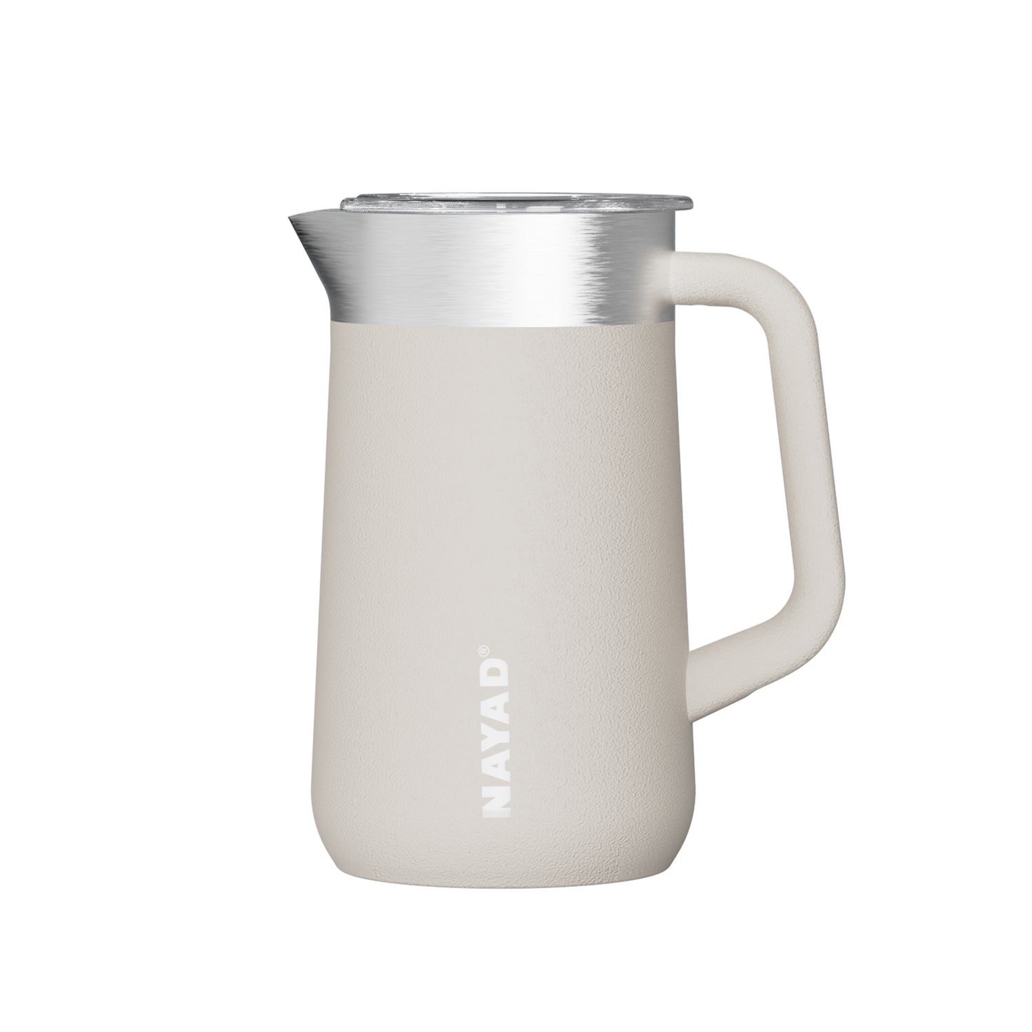 White milk pitcher with silver top on a white background