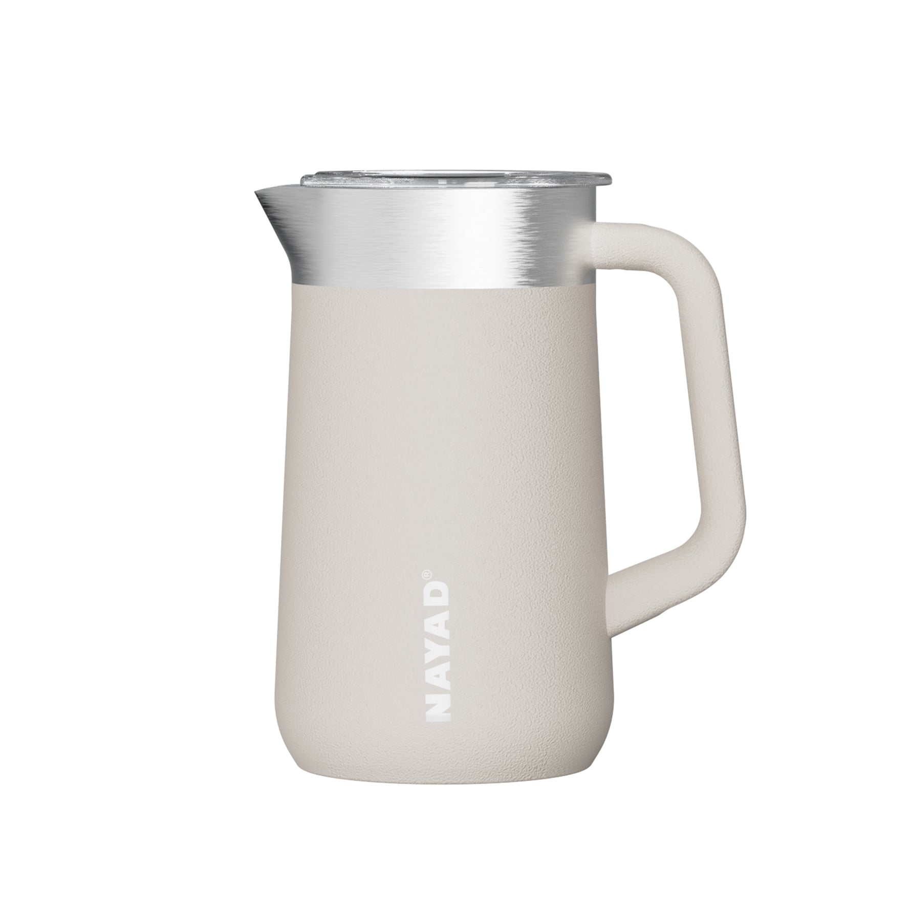 White milk pitcher with silver top on a white background