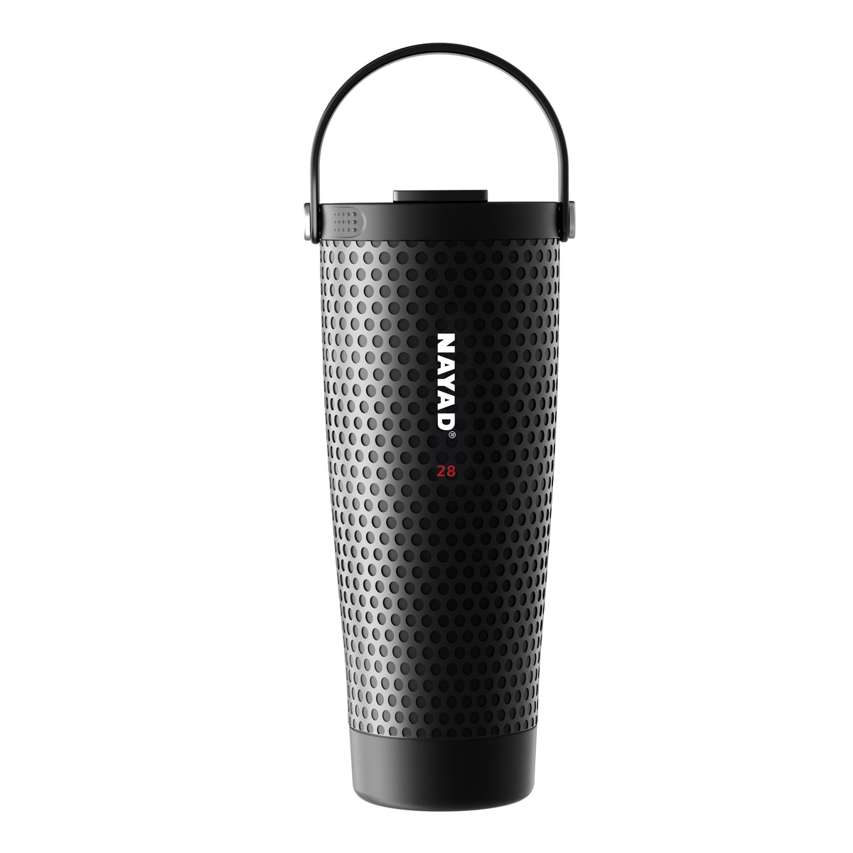 A black stainless steel travel tumbler with a golf-like pattern, featuring a green carrying handle and the brand name 'NAYAD' printed vertically on the front.