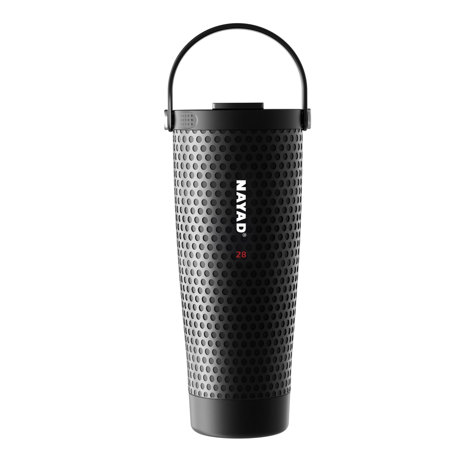 A black stainless steel travel tumbler with a golf-like pattern, featuring a green carrying handle and the brand name 'NAYAD' printed vertically on the front.