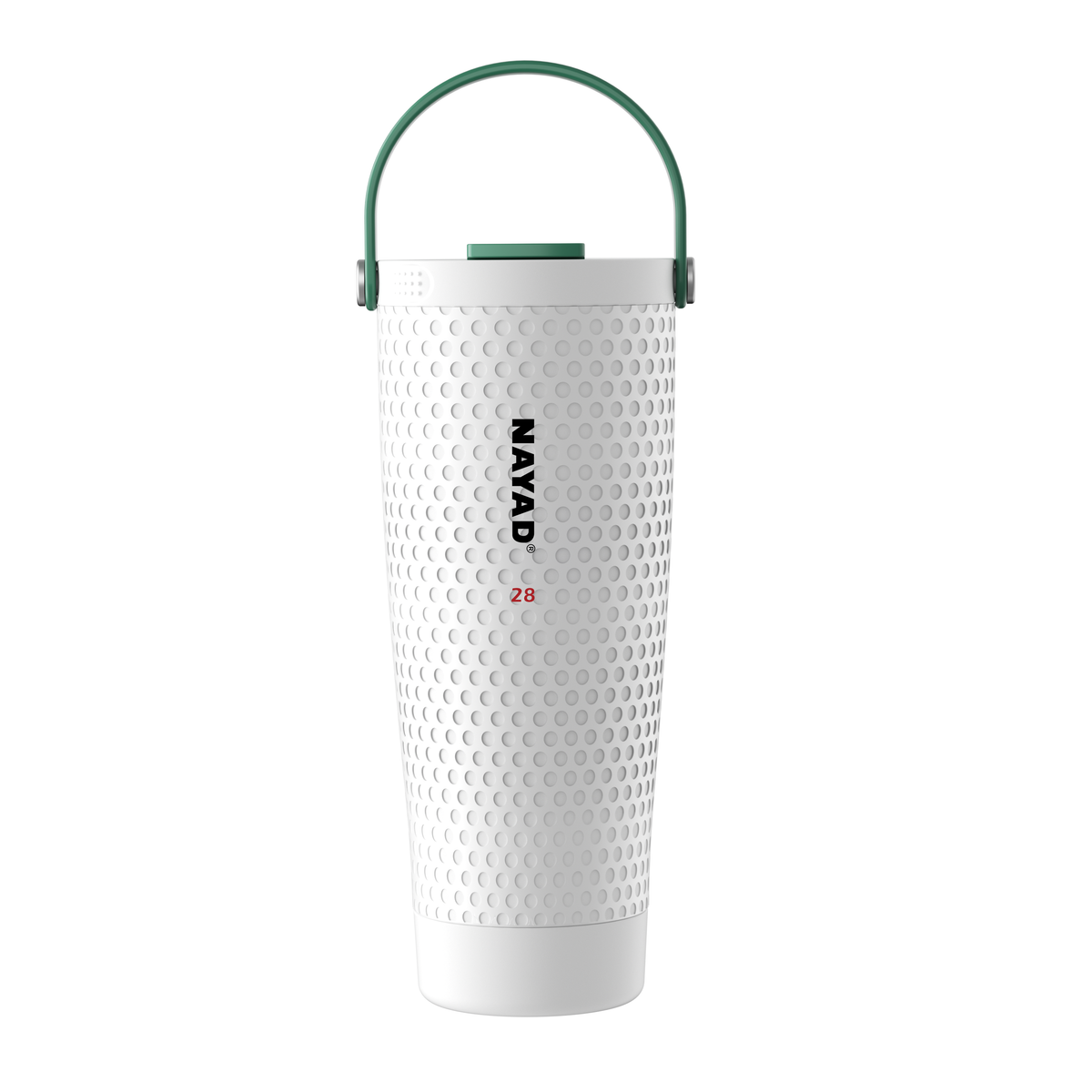 A white stainless steel travel tumbler with a golf-like pattern, featuring a green carrying handle and the brand name 'NAYAD' printed vertically on the front.