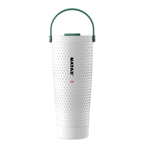 A white stainless steel travel tumbler with a golf-like pattern, featuring a green carrying handle and the brand name 'NAYAD' printed vertically on the front.