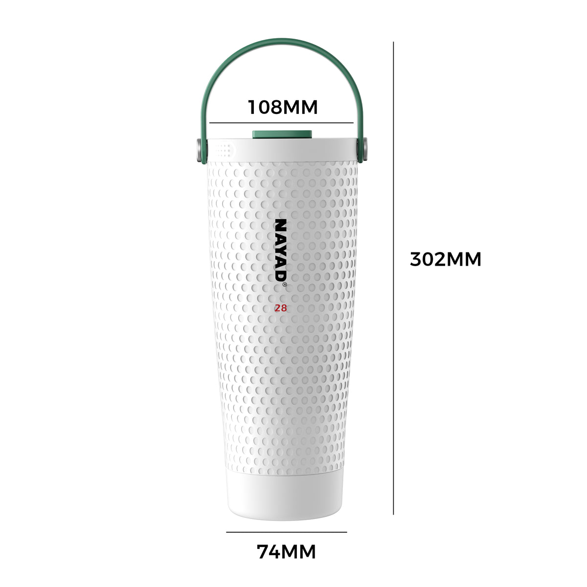 A white stainless steel travel tumbler with a golf-like pattern, featuring a green carrying handle and the brand name 'NAYAD' printed vertically on the front., shown with dimension labels indicating 108mm top width, 302mm height, and 74mm base width.