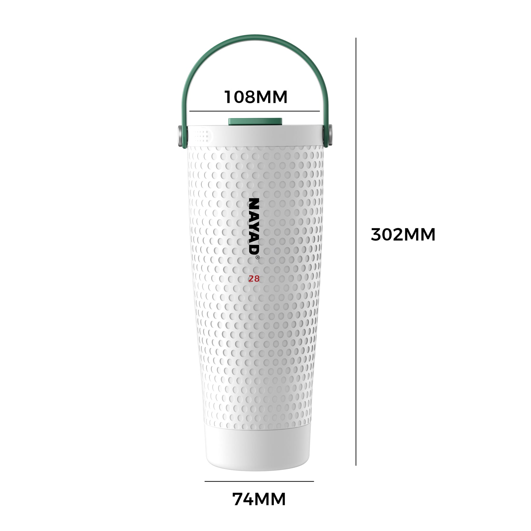 A white stainless steel travel tumbler with a golf-like pattern, featuring a green carrying handle and the brand name 'NAYAD' printed vertically on the front., shown with dimension labels indicating 108mm top width, 302mm height, and 74mm base width.