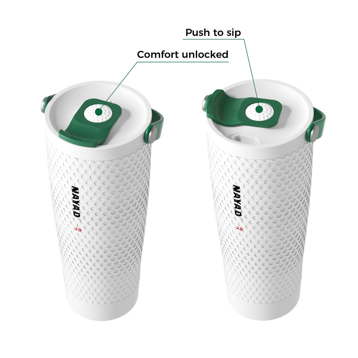 Two white golf textured travel tumbler cups with green lids shown on a white background, one with a closed lid and one open with a green push-to-sip spout. Text labels read 'Push to sip', 'Comfort unlocked', and the brand 'NAYAD' is printed vertically on the cups.