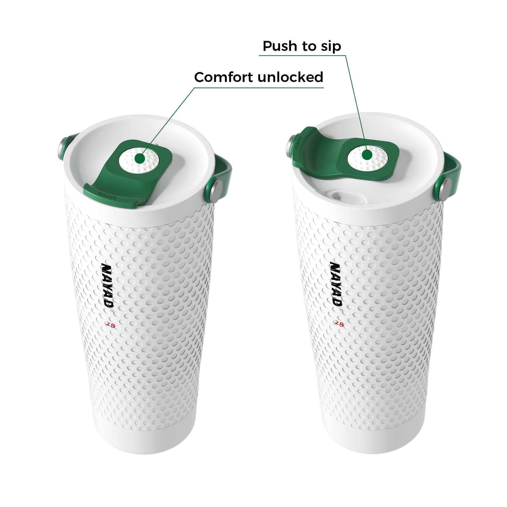 Two white golf textured travel tumbler cups with green lids shown on a white background, one with a closed lid and one open with a green push-to-sip spout. Text labels read 'Push to sip', 'Comfort unlocked', and the brand 'NAYAD' is printed vertically on the cups.