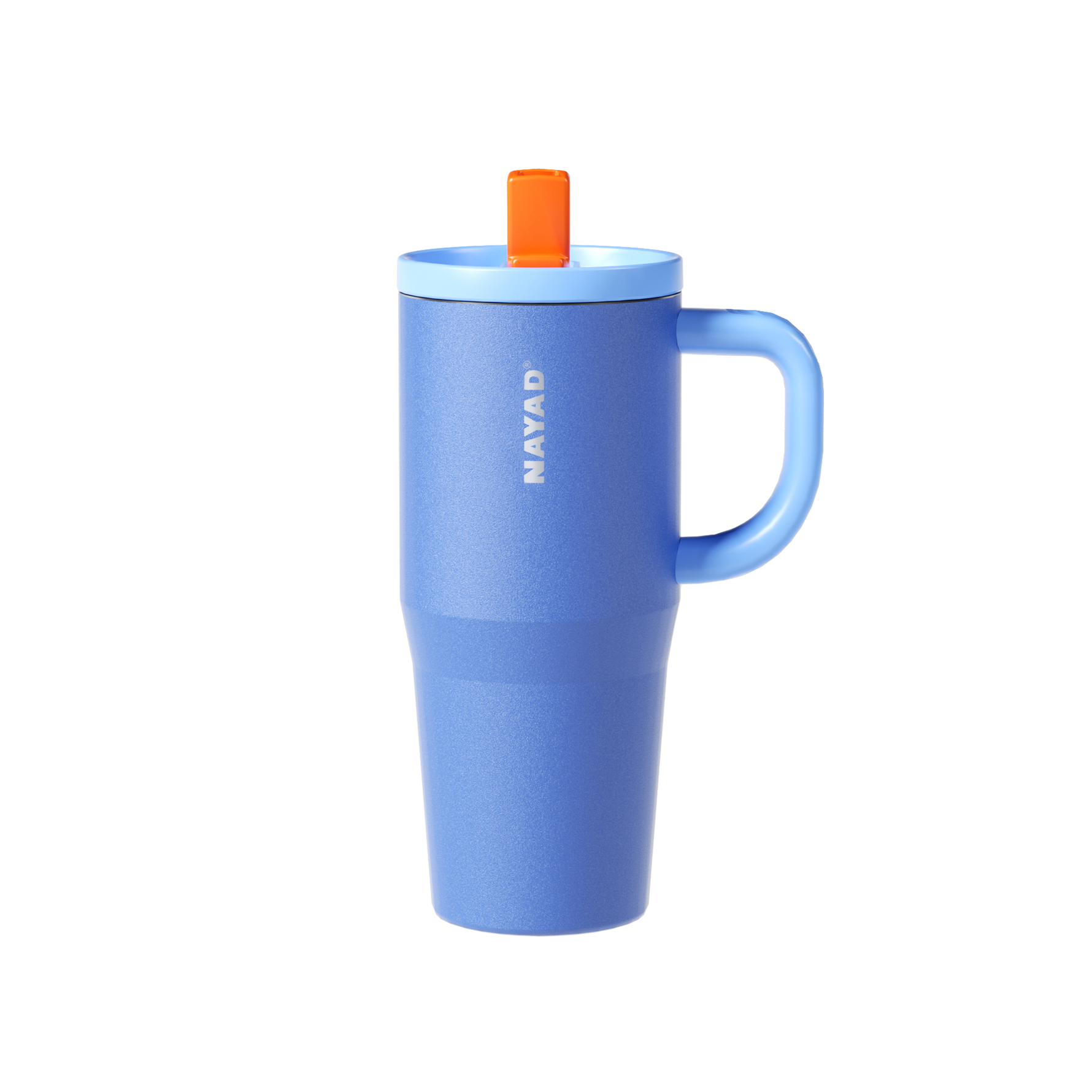 Blue mug with an orange straw on a white background