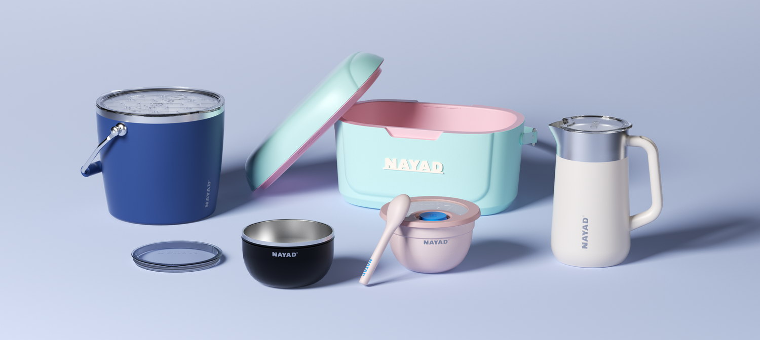 Set of kitchen utensils including a blue container, black bowl, pink spoon, green pot, and white pitcher on a light blue background.