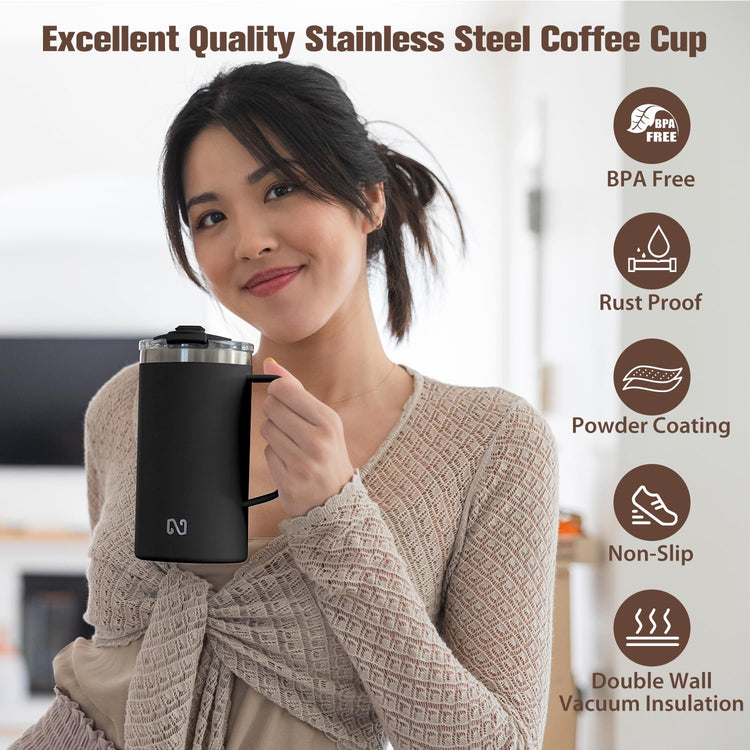 HYDROFROG Tumbler with Handle and Lid 20 Oz Stainless Steel Insulated Coffee Mug Premium Travel Mug Spillproof Thermal Coffee Cup with Pour Over Coffee Dripper, For Cold and Hot Drinks,Black