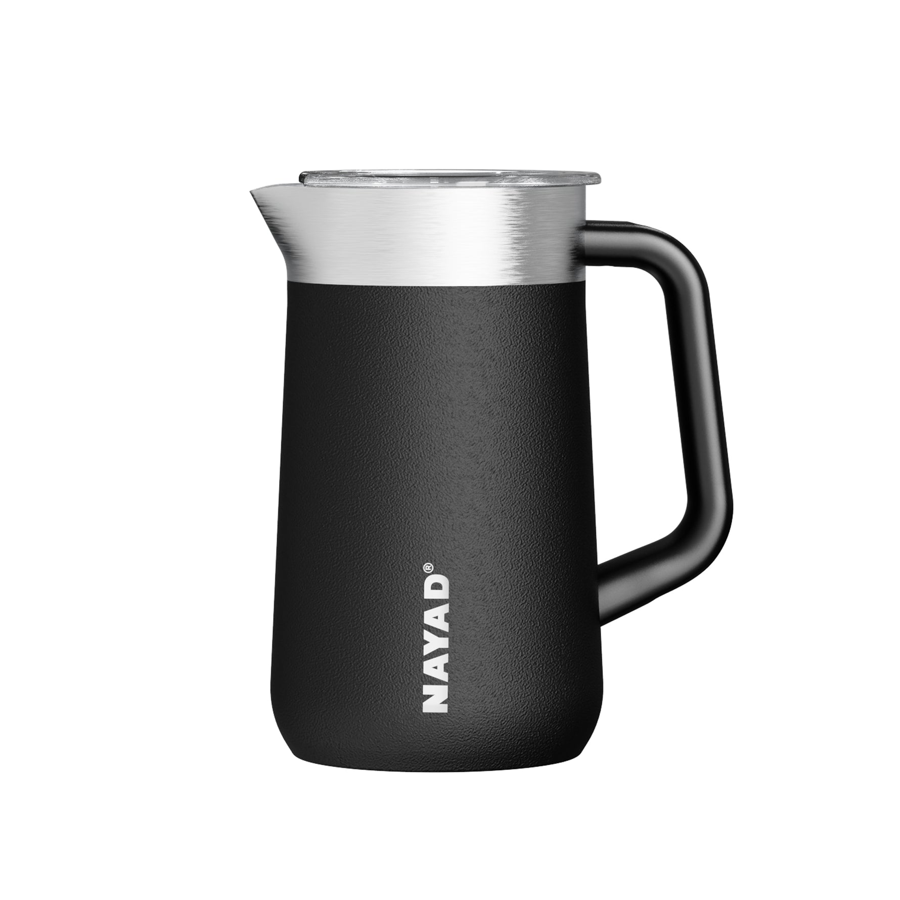 Black pitcher with silver lid on a white background