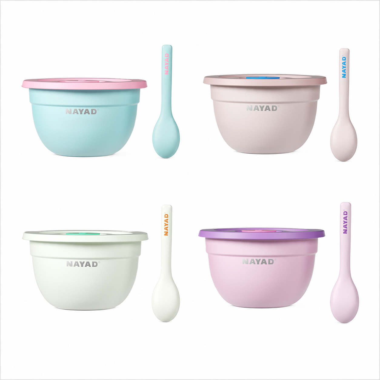 Four pastel-colored baby stainless steel salad bowls with matching spoons, arranged in a 2x2 grid on a white background. The sets feature light blue with pink lids, light pink with beige lids, off-white with green lids, and light purple with pink lids.