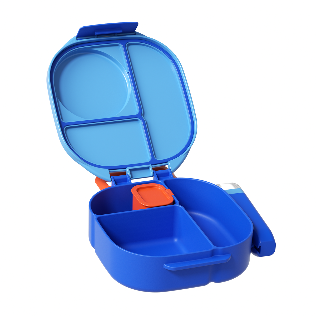 Blue bento box with compartments on a white background
