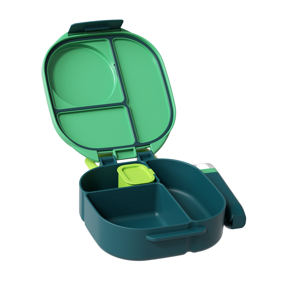 Green and teal bento box with compartments on a white background