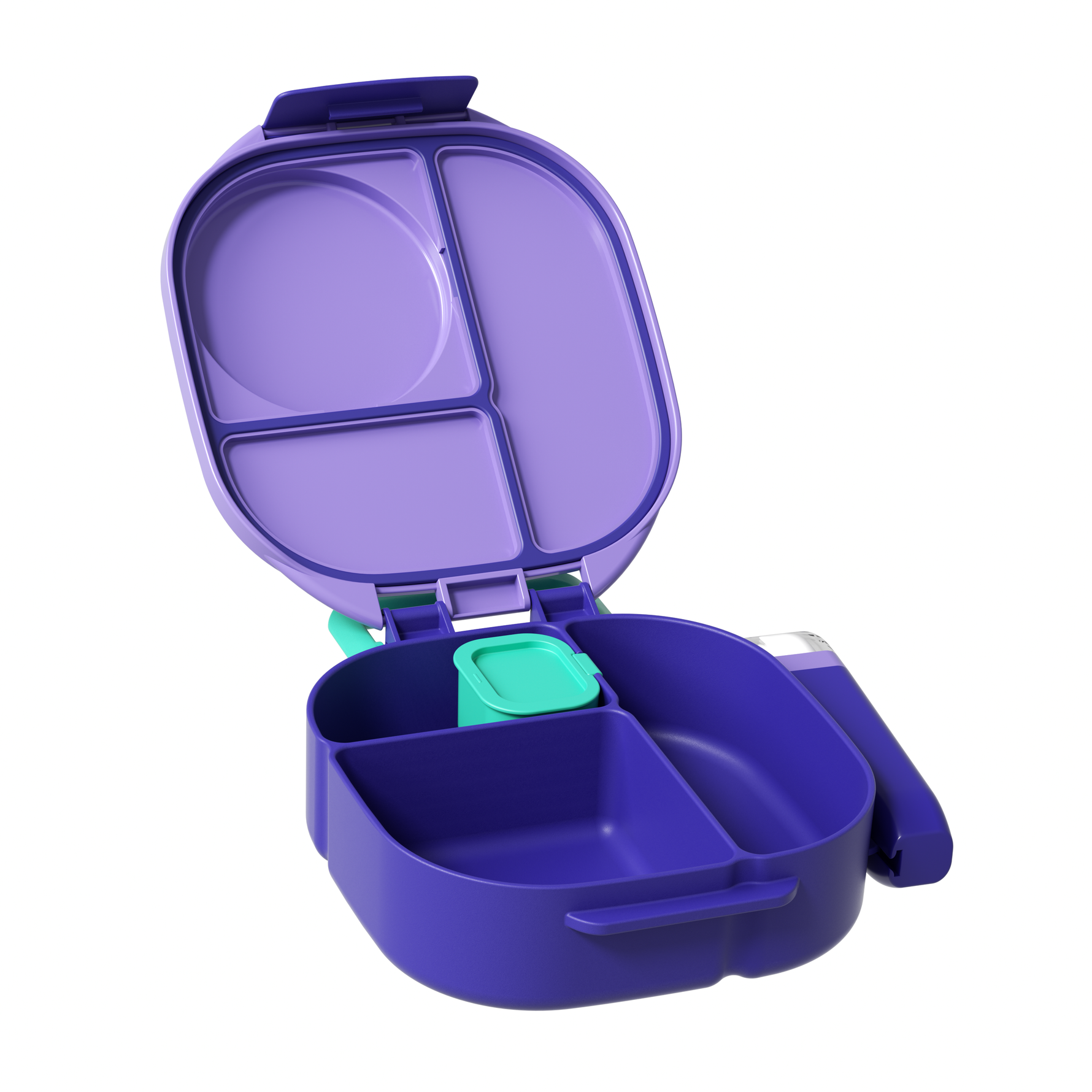 Purple blue bento box with orange accents on a white background