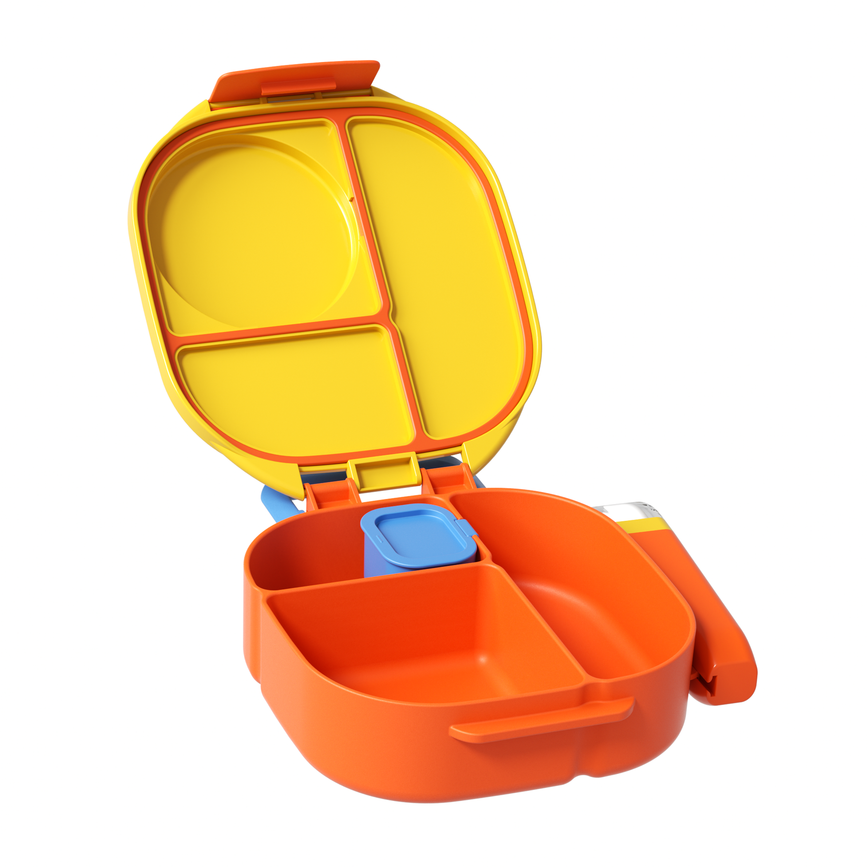 Orange and yellow lunch box with compartments on a white background