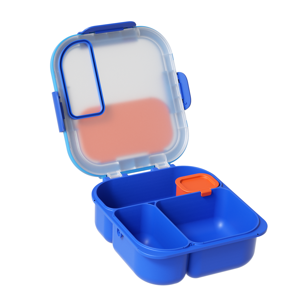 Blue plastic container with a clear lid on a white background
