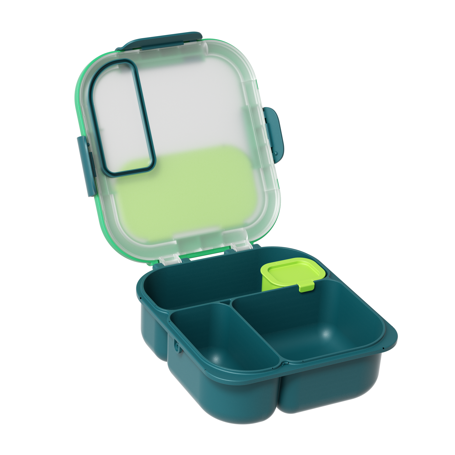 Green and clear plastic container with compartments on a white background