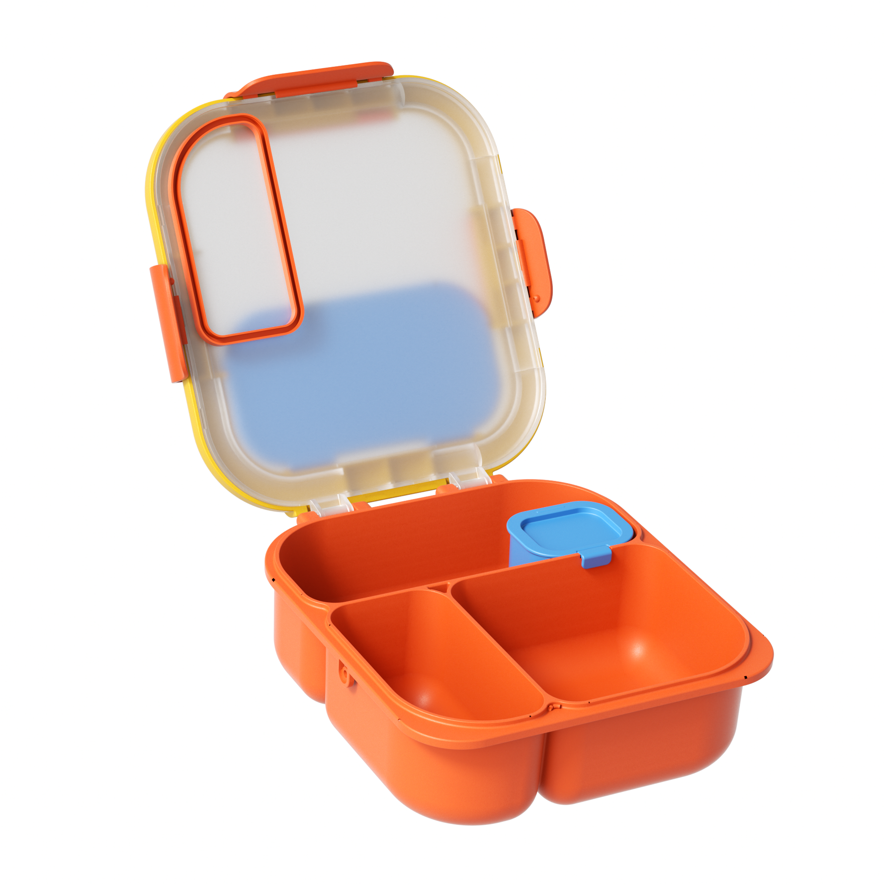 Orange lunch box with a clear lid on a white background