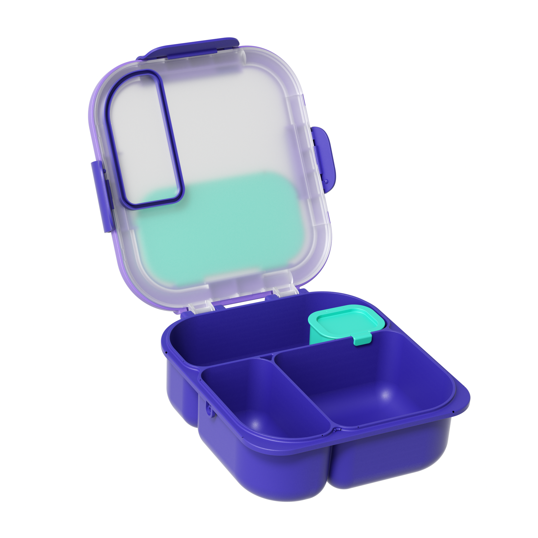 Blue and purple snack container with a clear lid on a white background