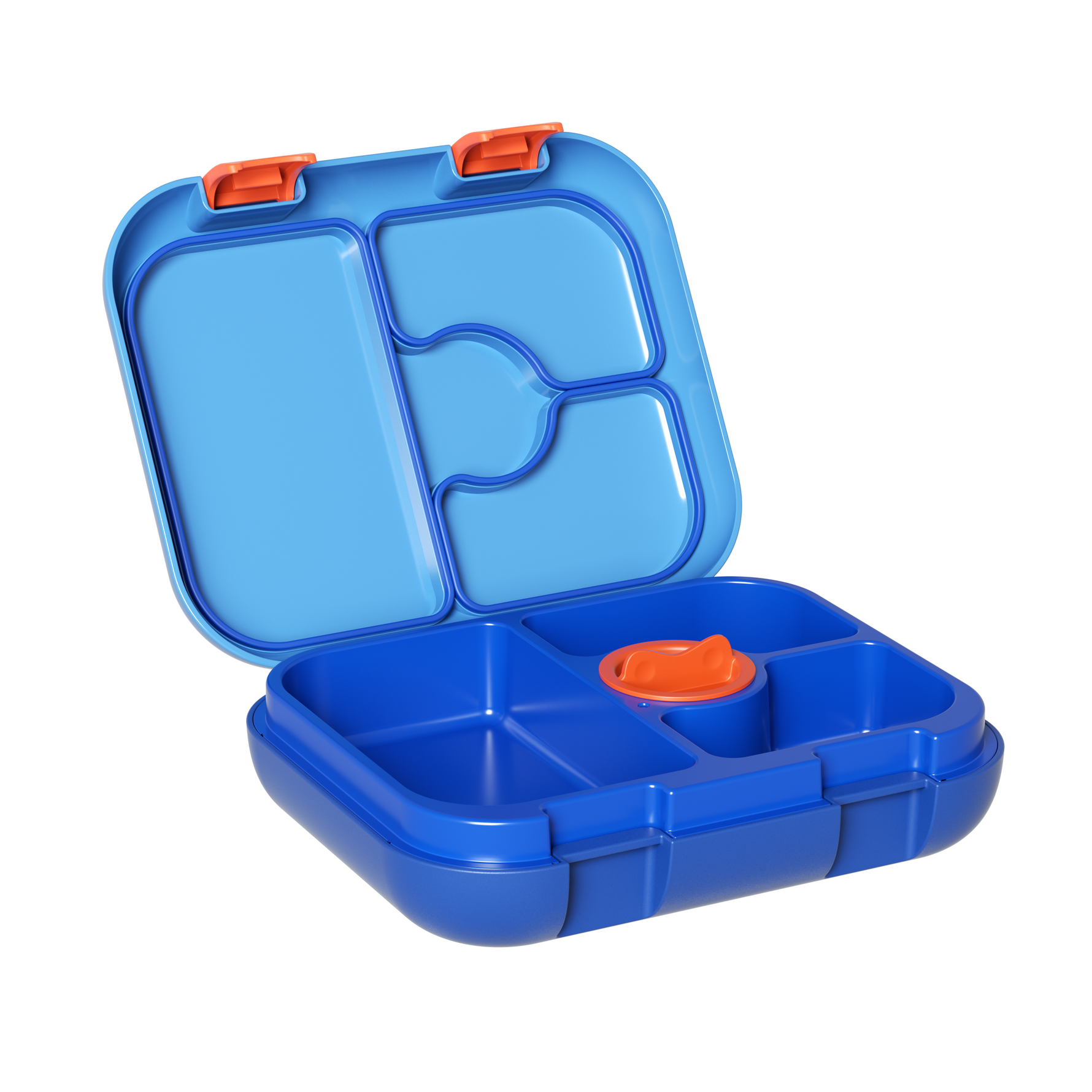 Blue bento box with orange accents on a white background