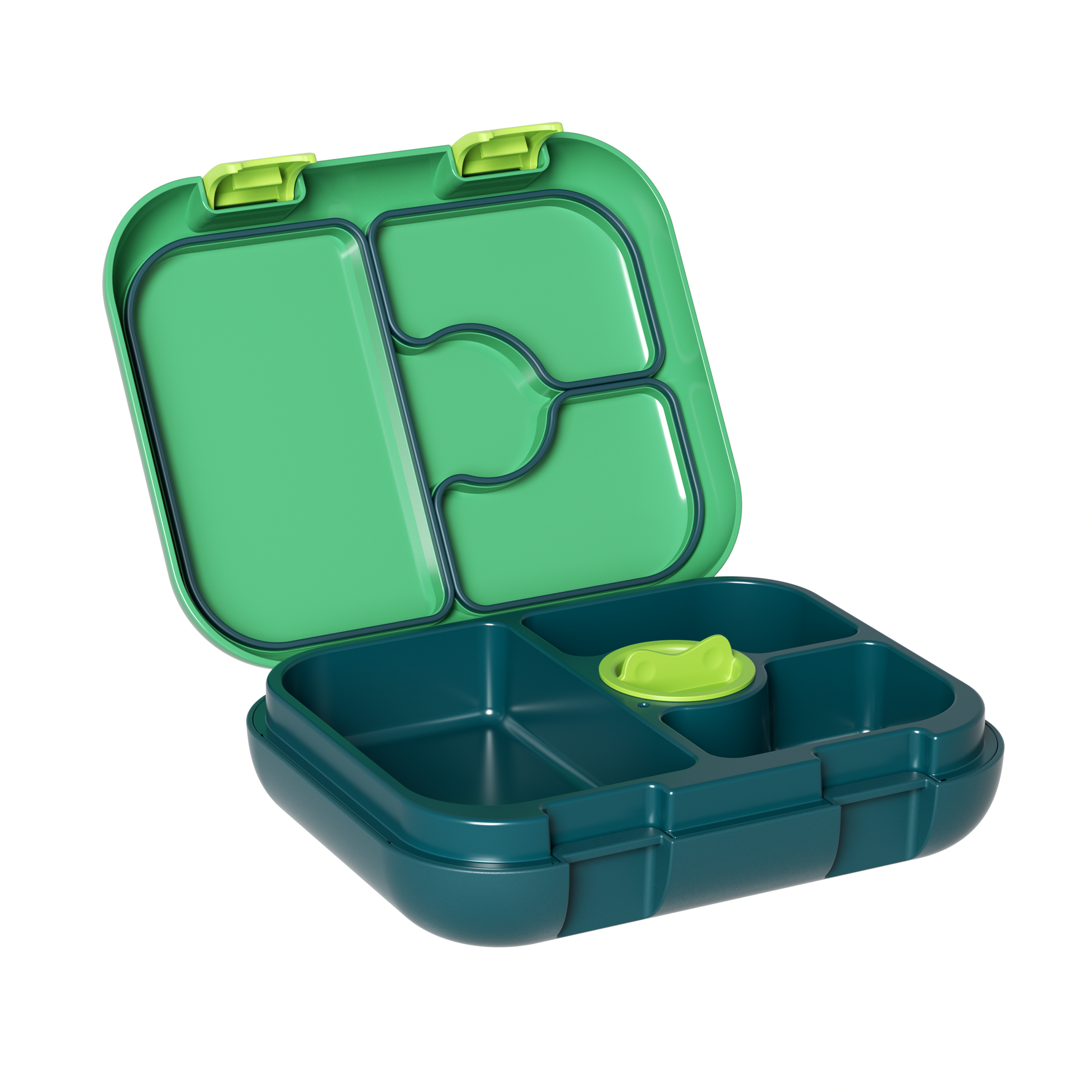 Green and teal bento box with compartments on a white background