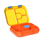 Colorful plastic compartmentalized container with yellow lid and orange body on a white background