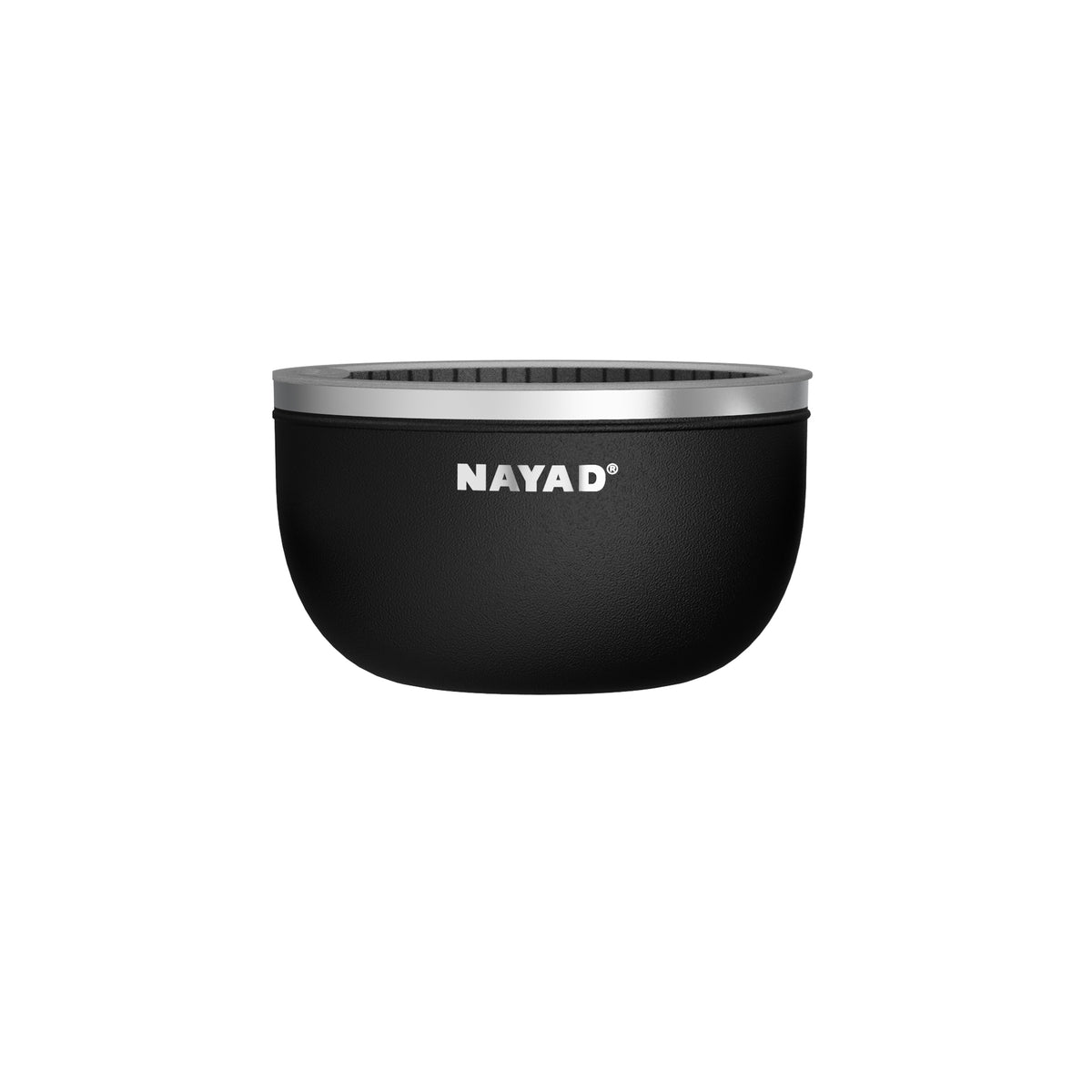 Large Black Salad Bowl with silver rim and 'NAYAD' branding on a white background