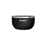 Large Black Salad Bowl with silver rim and 'NAYAD' branding on a white background