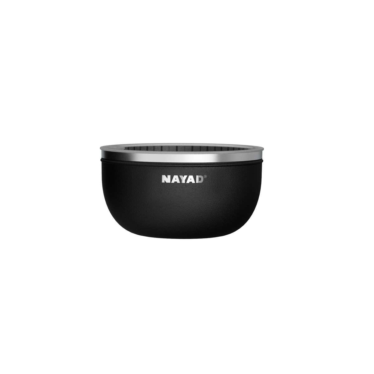 Medium Salad Bowl Black with silver rim and 'NAYAD' branding on a white background