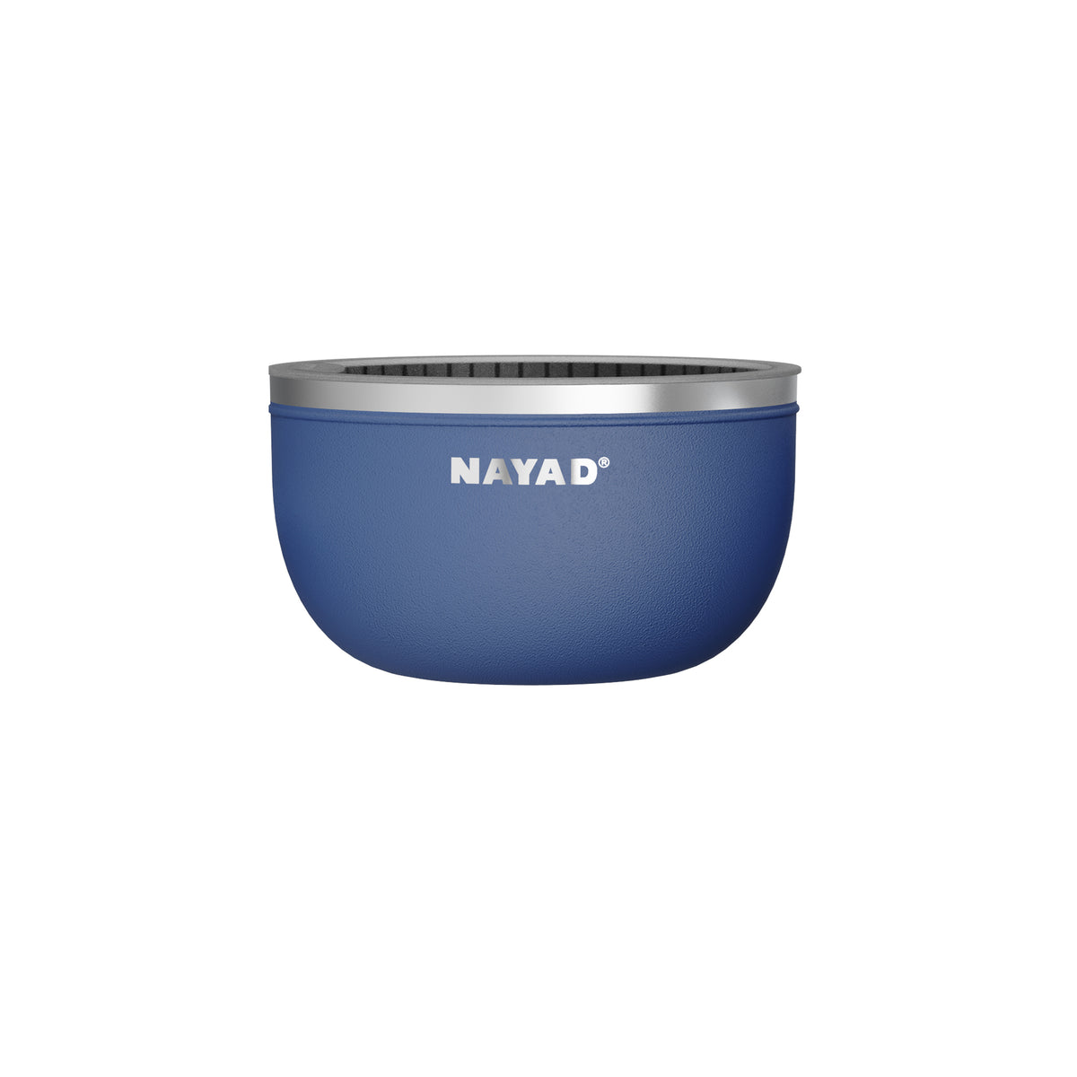 Large Salad Bowl Blue with silver rim and 'NAYAD' branding on a white background