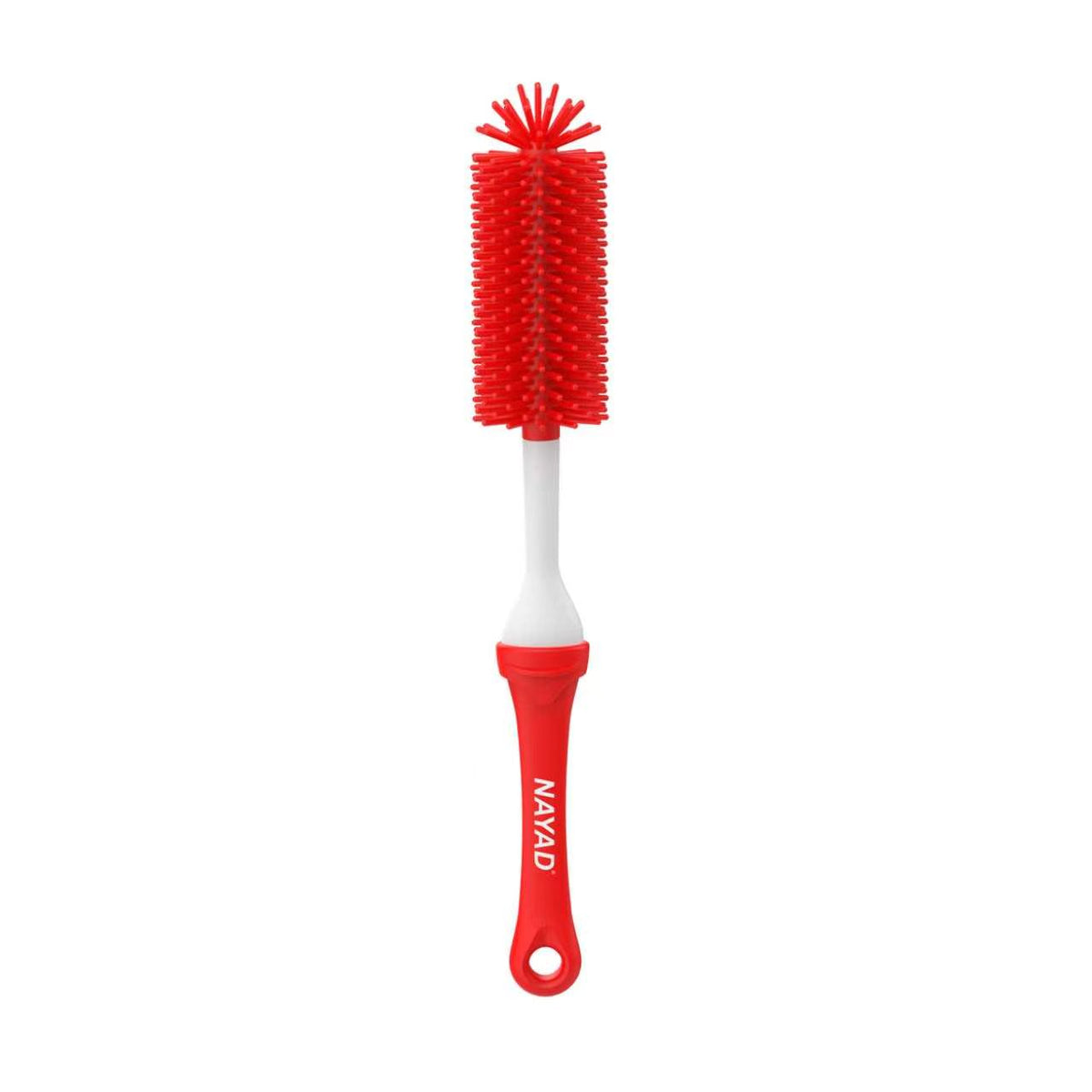 A red and white bottle cleaning brush with a silicone bristle head and a hanging handle, featuring the brand name 'NAYAD' printed vertically on the handle, set against a plain white background.