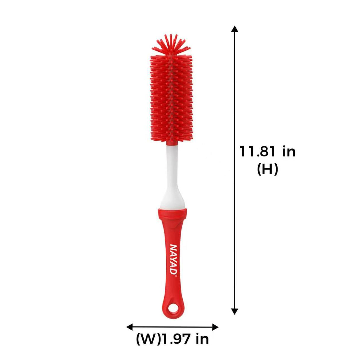 A red and white bottle cleaning brush with a silicone bristle head and a hanging handle, featuring the brand name 'NAYAD' printed vertically on the handle with measurements 11.81 inches in height and 1.97 inches in width.
