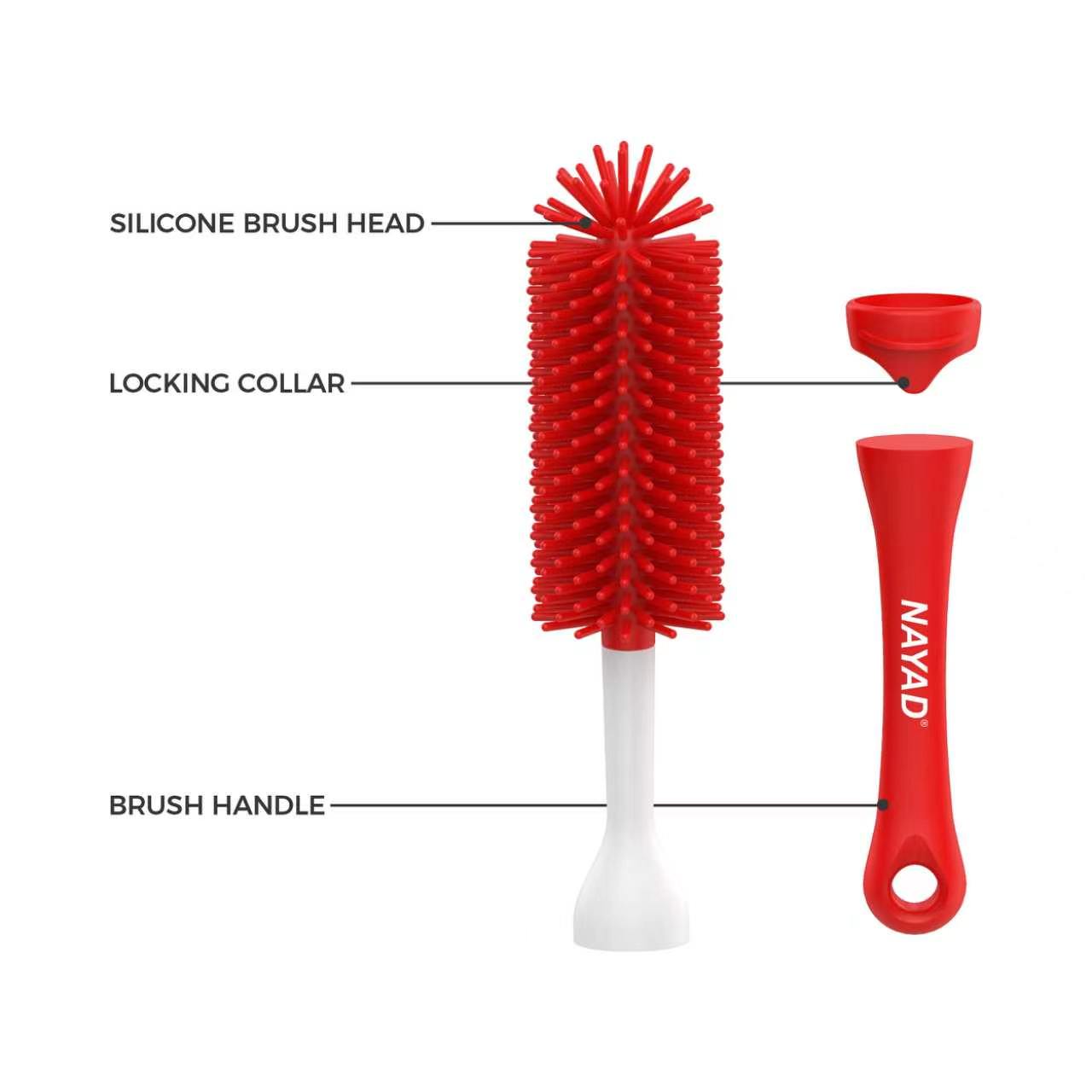 A red and white bottle cleaning brush shown with labeled callouts for the silicone brush head, and brush handle, alongside a separate red cap. The word NAYAD is printed on the handle.