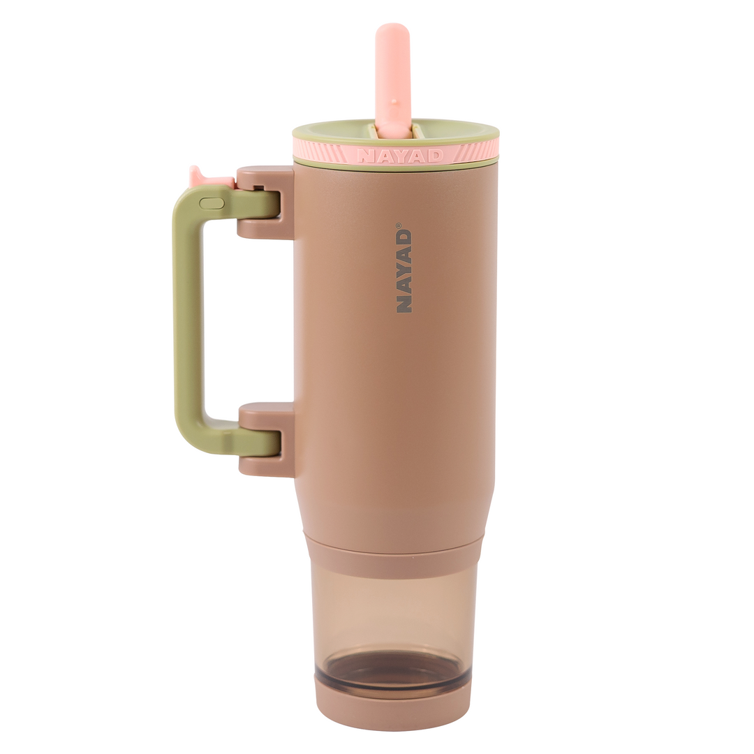 brown insulated tumbler with snack compartment and foldable handle with straw up