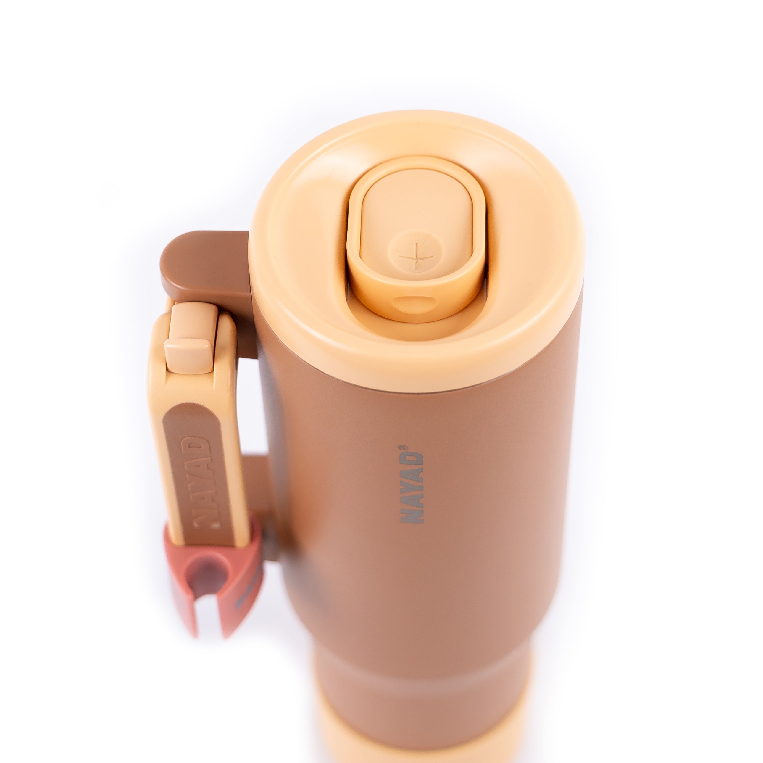 Brown insulated mug with a lid and handle on a white background