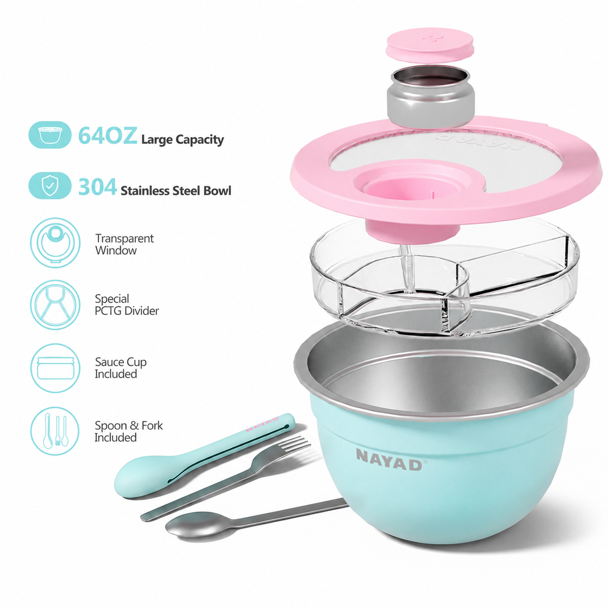 NAYAD 64oz stainless steel meal prep container with a light blue bowl, pink lid, clear window, three-tier compartment, and included spoon and fork, shown on a white background with feature icons and text.