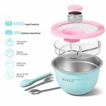 NAYAD 64oz stainless steel meal prep container with a light blue bowl, pink lid, clear window, three-tier compartment, and included spoon and fork, shown on a white background with feature icons and text.