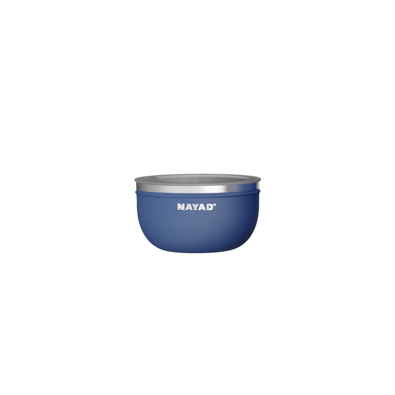 Blue bowl with silver rim and 'Nayad' branding on a white background