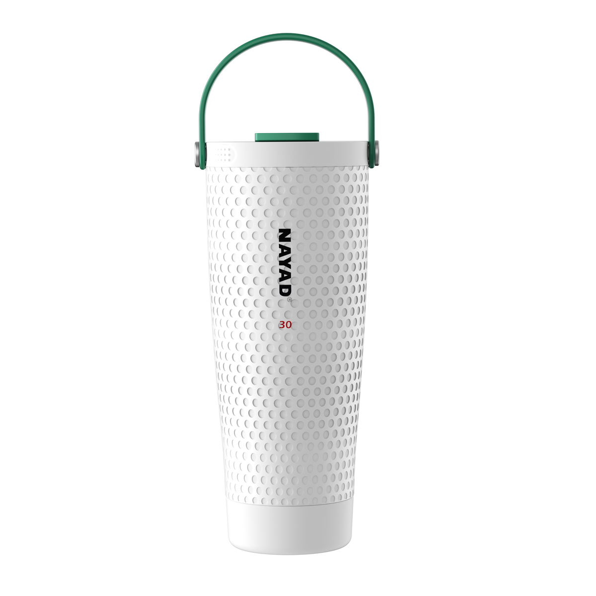 White golf textured water bottle with green handle on a white background