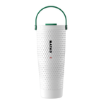 White golf textured water bottle with green handle on a white background