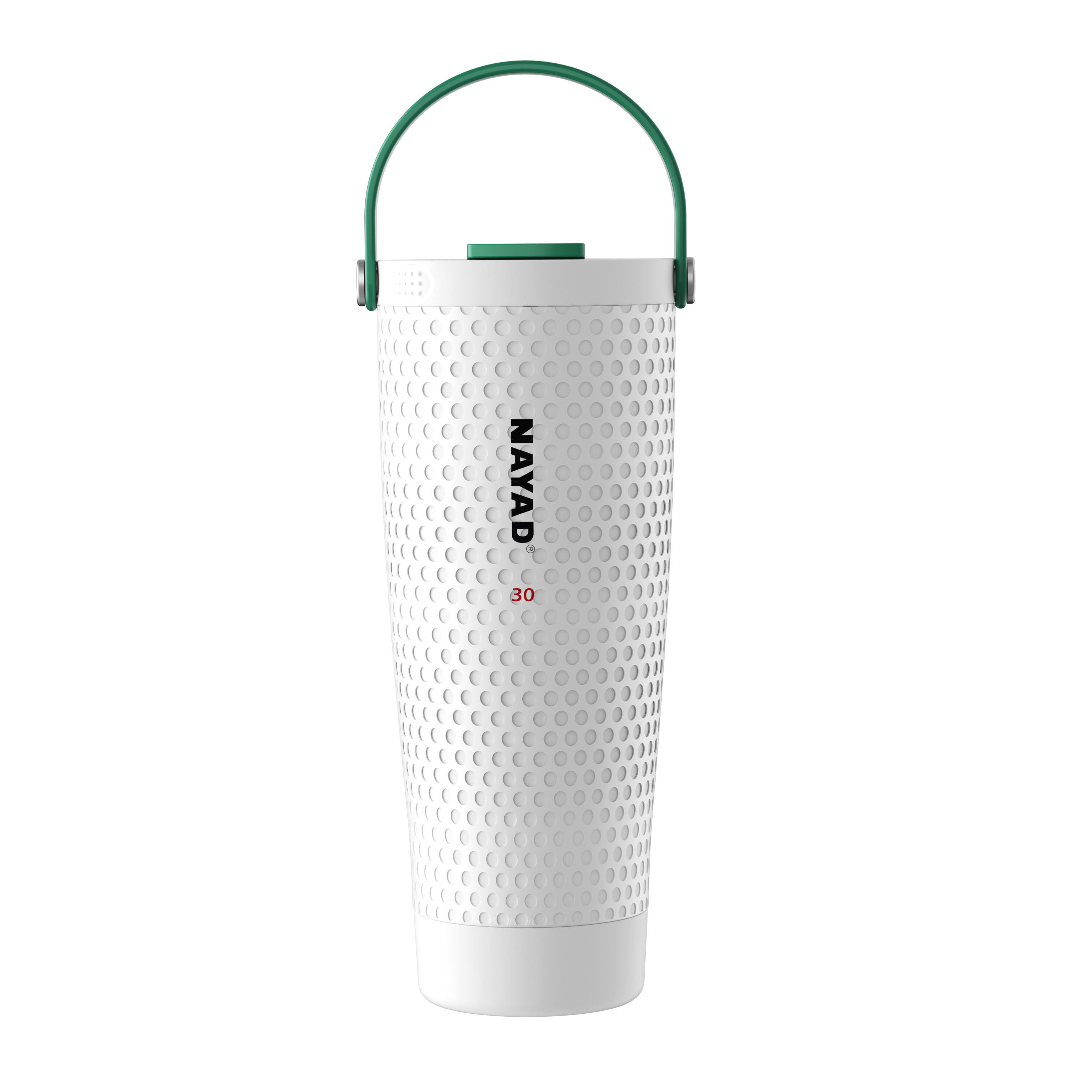 White golf textured water bottle with green handle on a white background