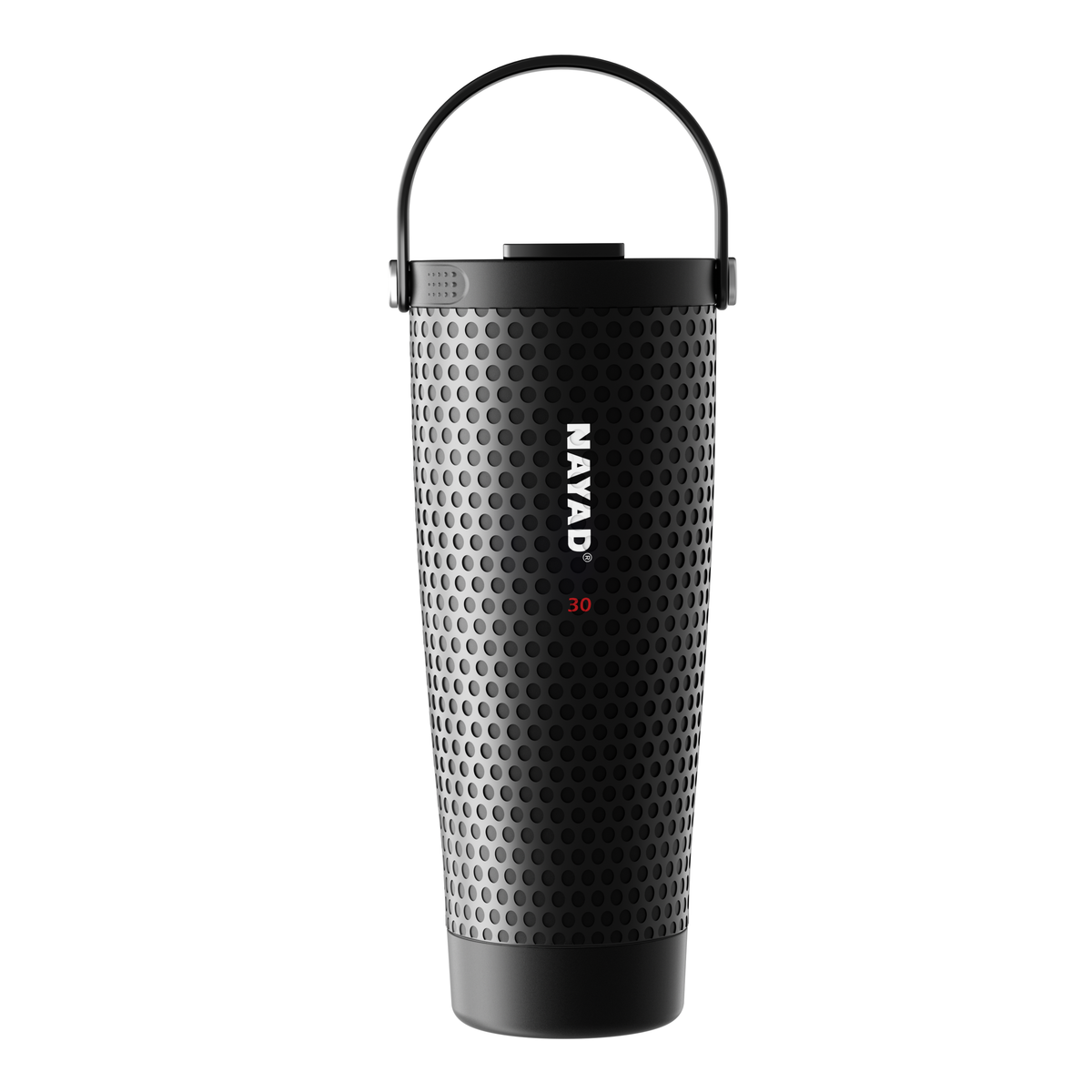 Black textured water bottle with handle on a white background