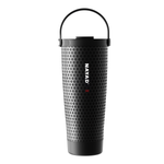 Black textured water bottle with handle on a white background