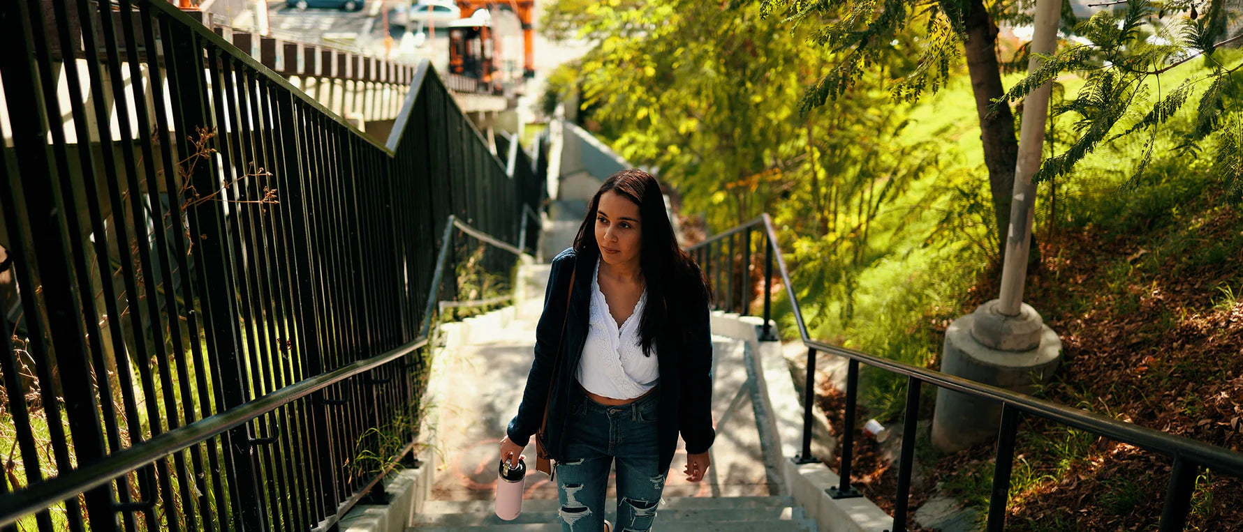Girl named Tanya walking up the stairs 