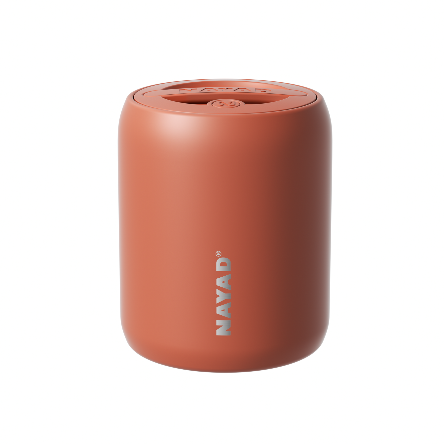 Cylindrical terracotta-colored food container with 'Nayad' branding on a white background