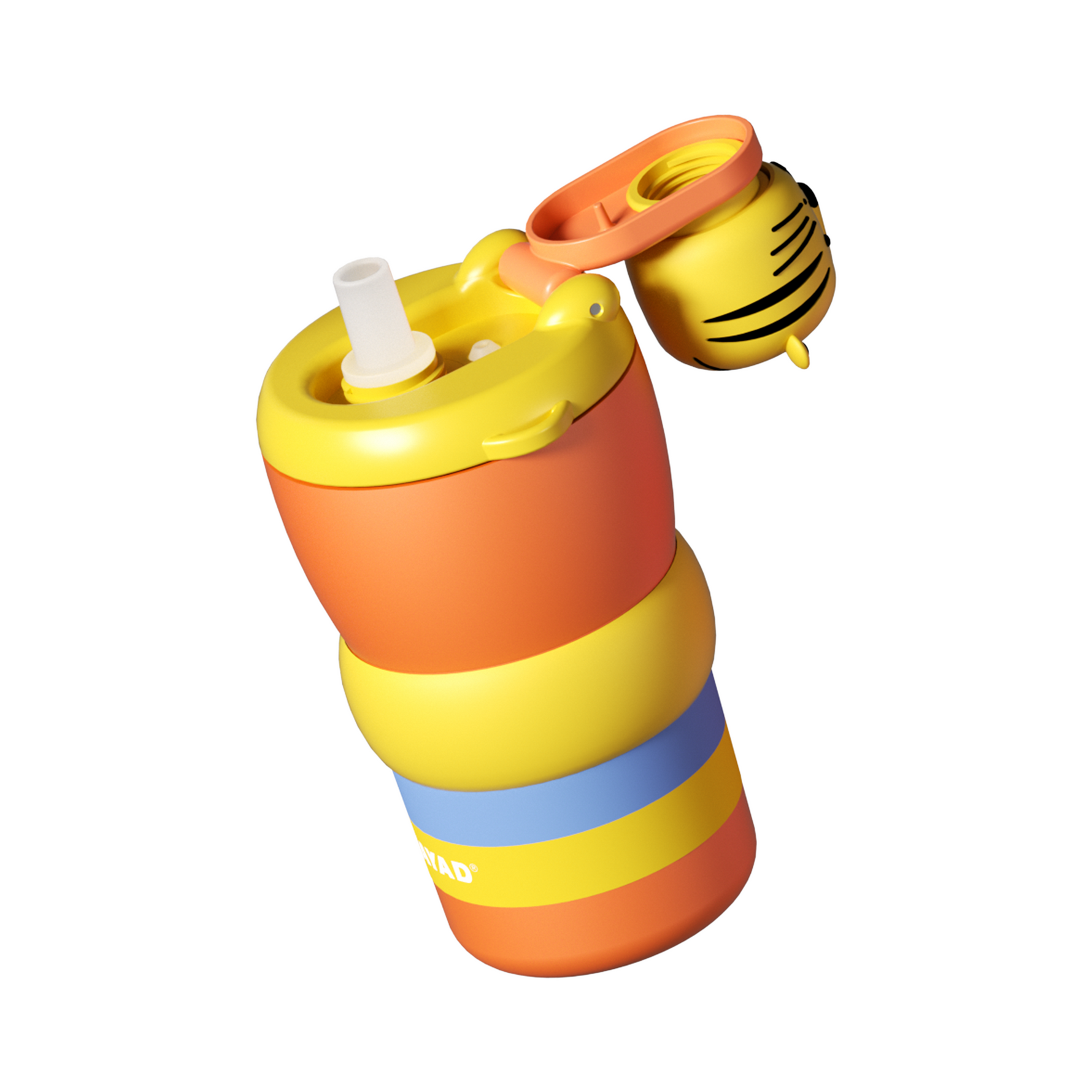 Colorful water bottle with a straw and lid on a white background