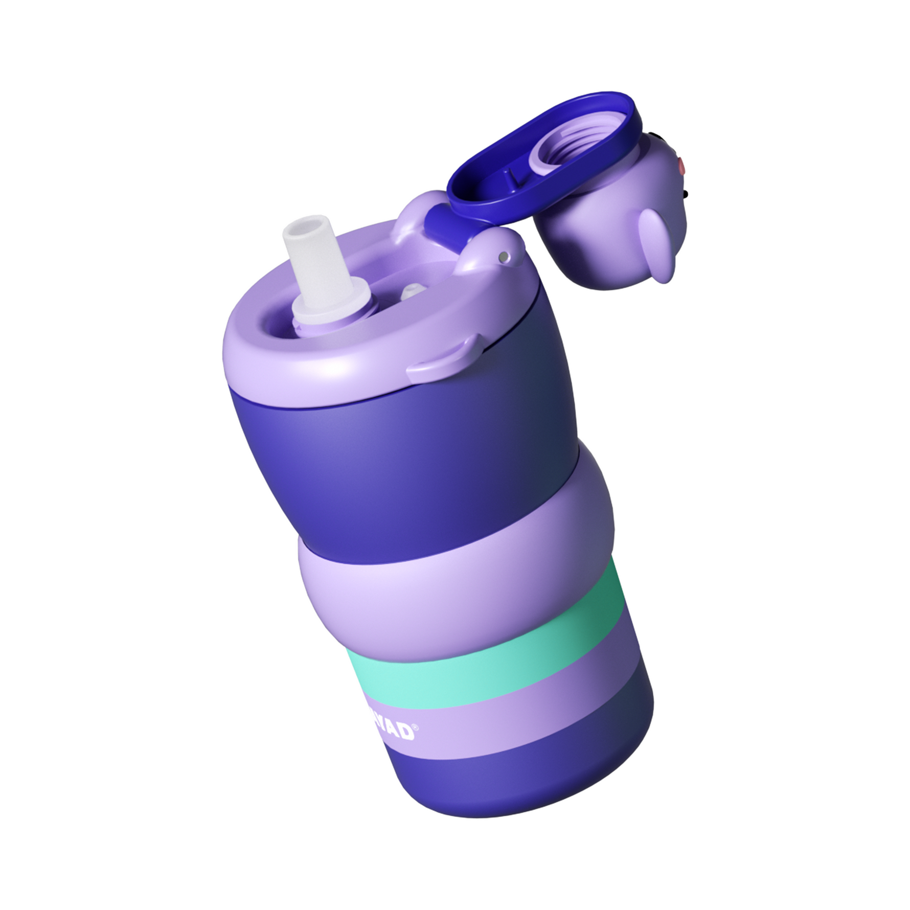 Purple, blue, green water bottle with straw on a white background