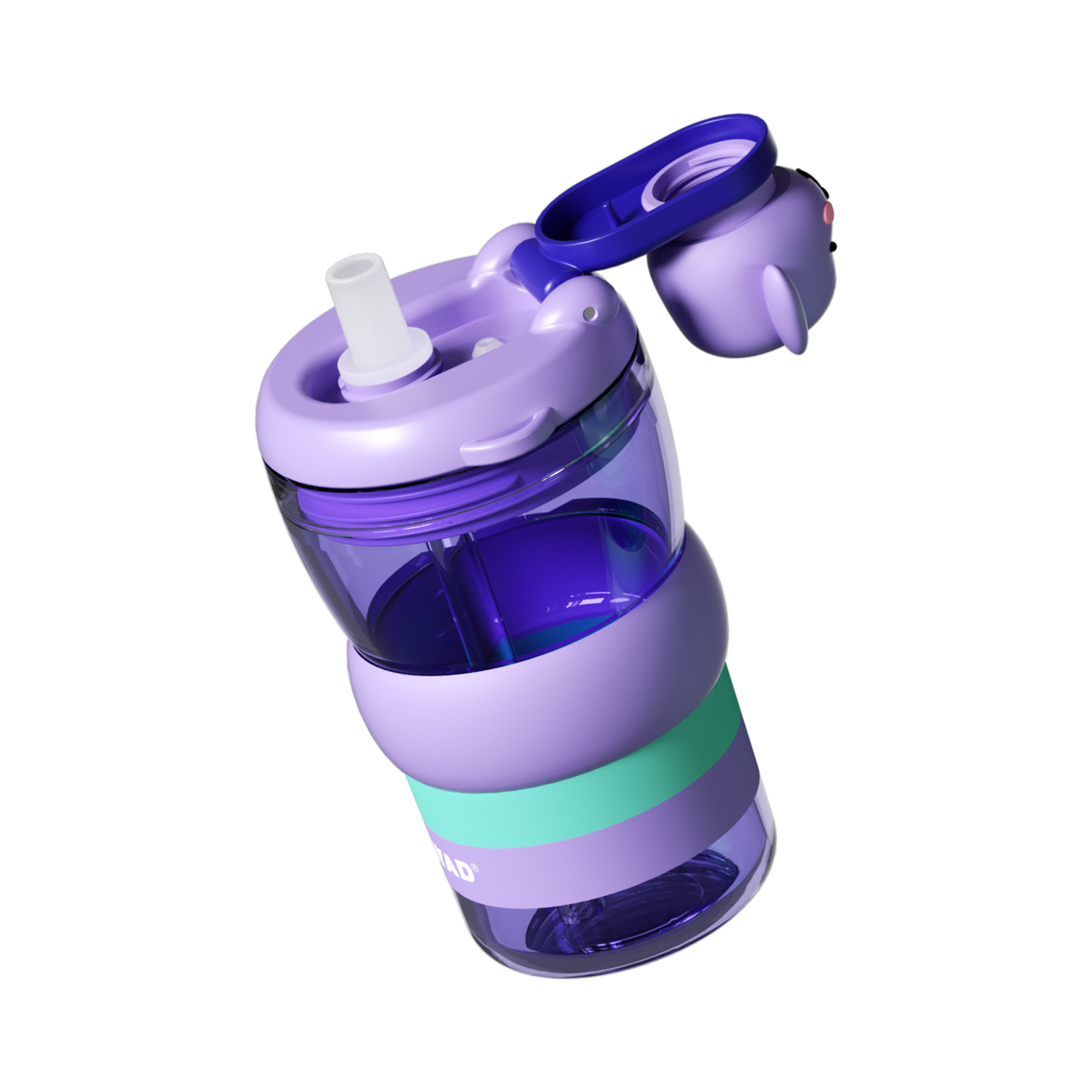 Purple and green water bottle with straw on a white background